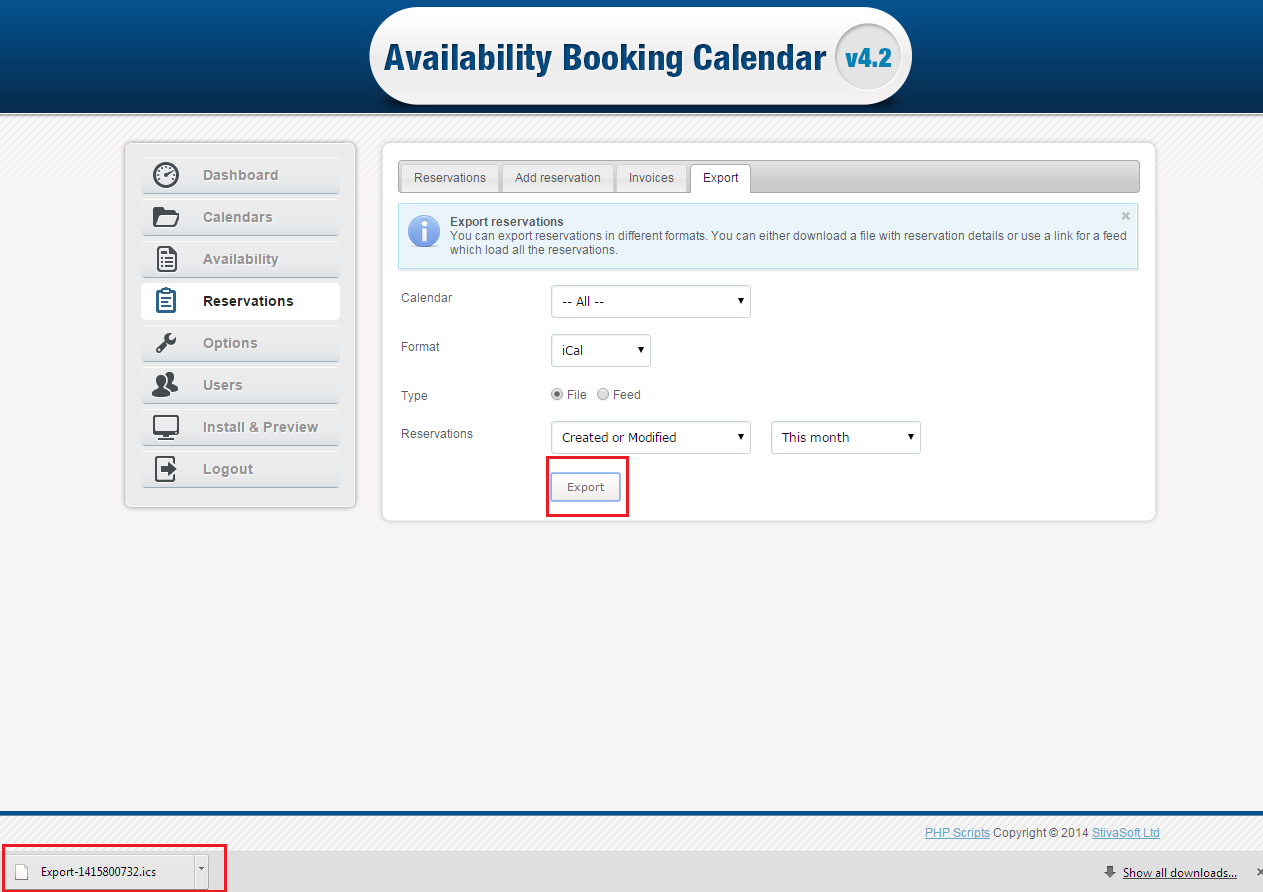 iCal file export form availability booking calendar
