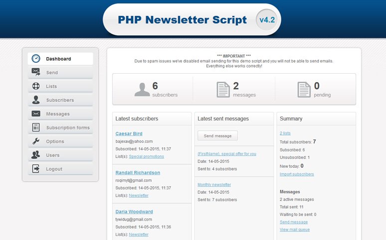 PHP Newsletter Script's dashboard view