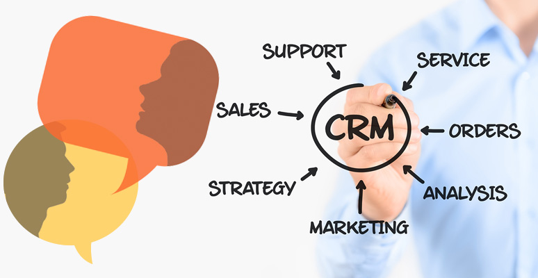 Hand-drawn circle with CRM components  Service, Support, Sales, Strategy, Marketing, Analysis, and Orders pointing towards the circle