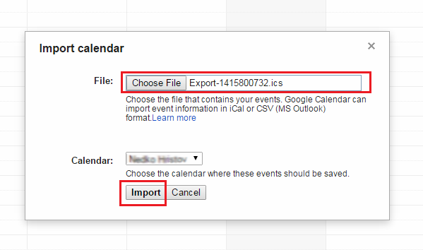 upload iCal file to Google calendar