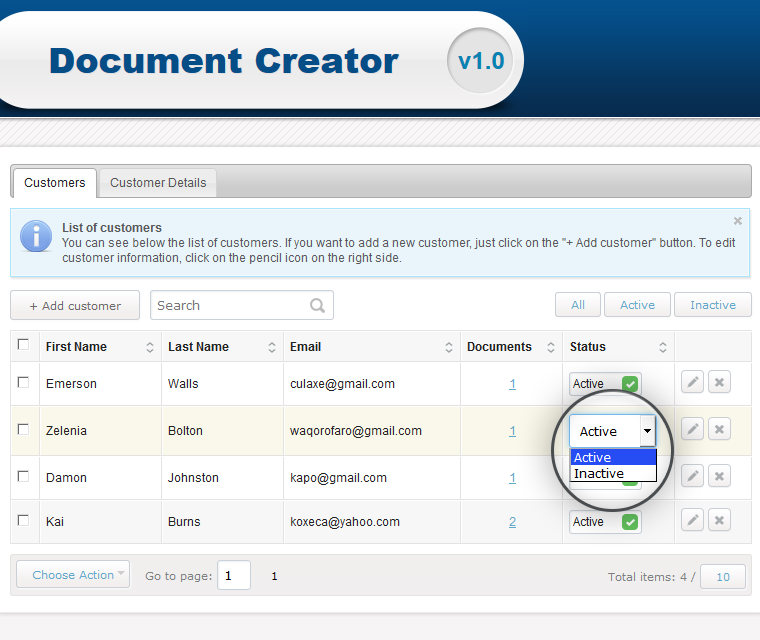 Document Creator Change Customer Profile Status