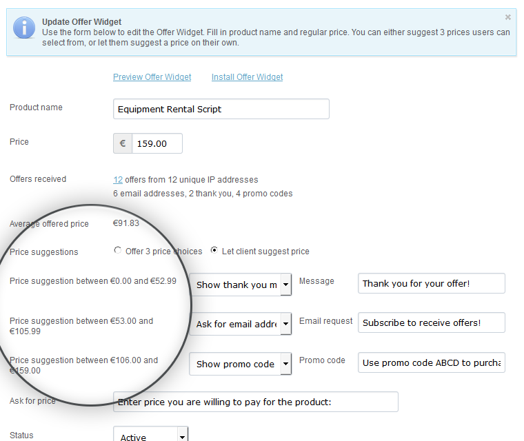 Make An Offer Widget Offer Three Predefined Pricing Options