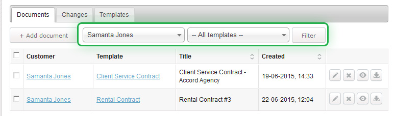 Document filtering options with a specific customer name