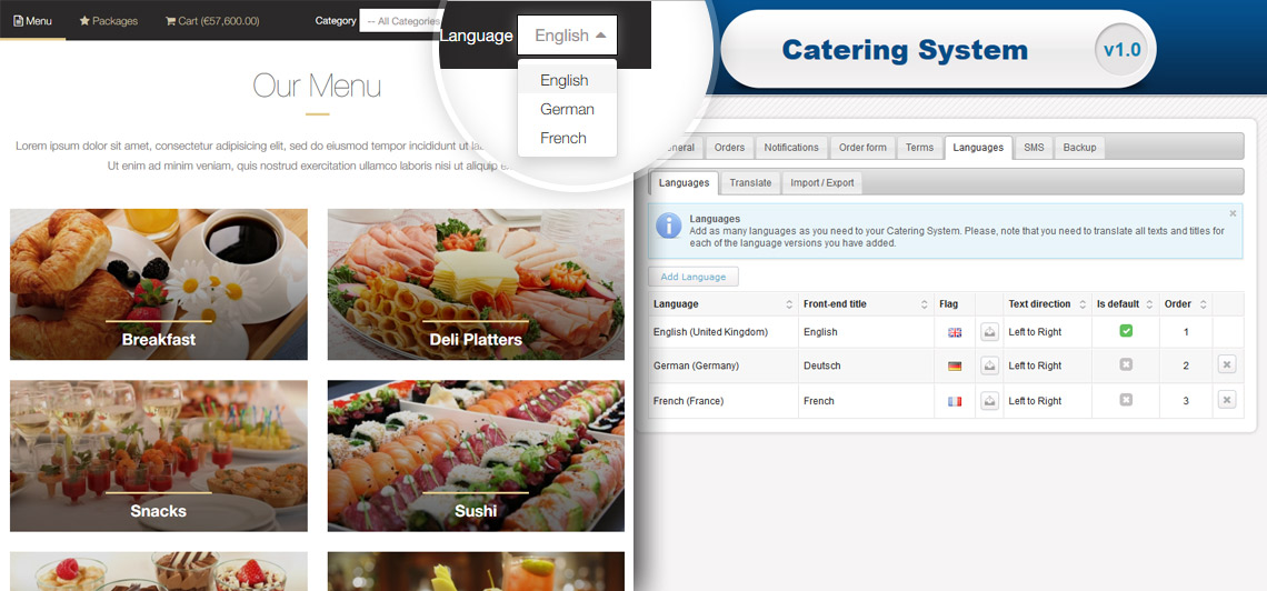 Catering System v1.0 language preference dropdown menu