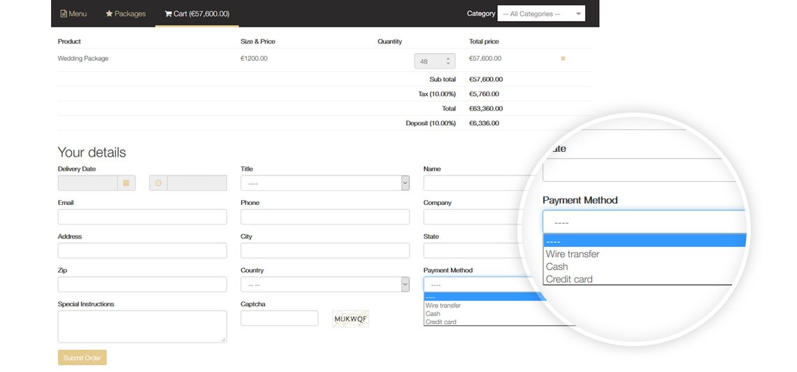 Catering System v1.0 checkout page's payment method options