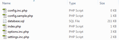 PHP scripts and an SQL file inside an application configuration folder