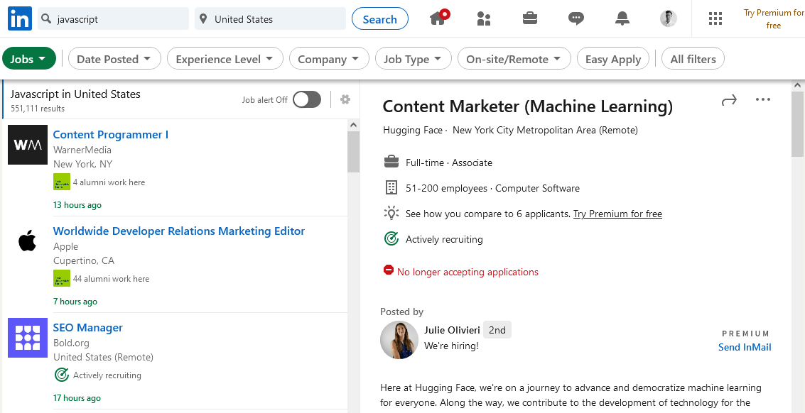 JavaScript job search on LinkedIn