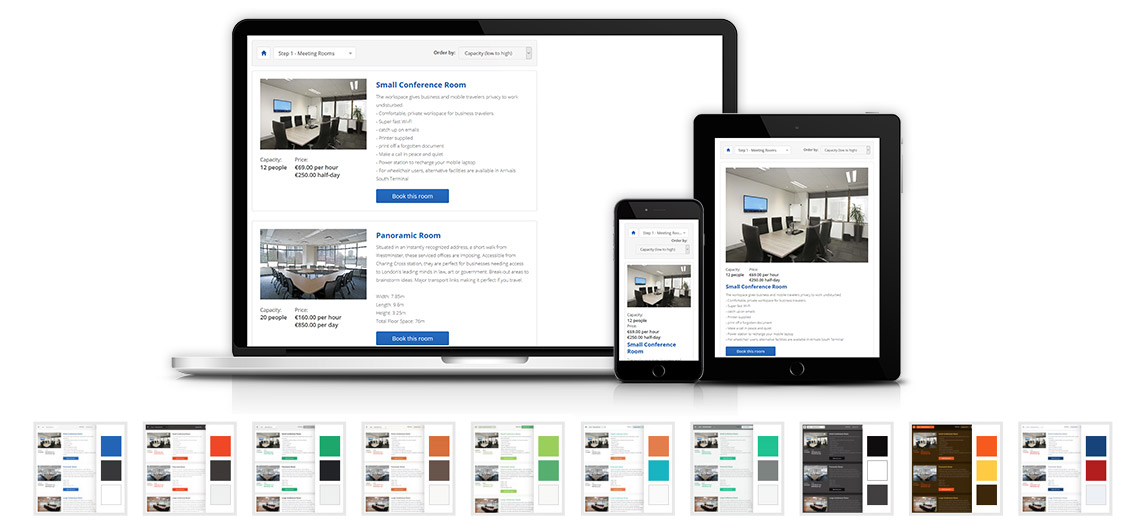 Meeting room booking system's showcase on mobile devices and color palette options