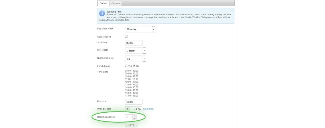 Bookings per slot configuration option location in the Default section