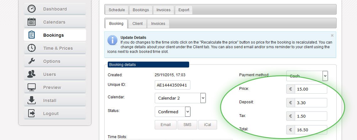 Automatically calculated price information location in the Bookings section